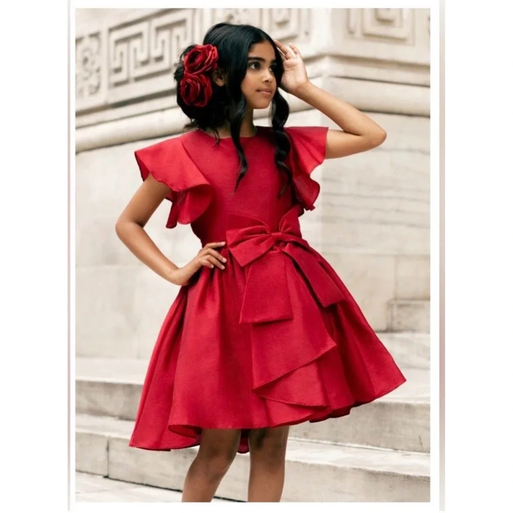 Joyfolie Camryn Dress Scarlet Red Flutter Sleeve Bow Special Occasion Girls 14